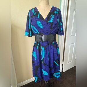 Trina Turk Floral faux wrap dress with Belt - Blue and Black